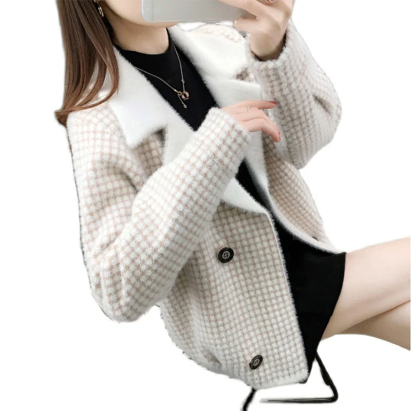 

Female Imitate Mink Fleece Coat Women Autumn Winter Top Elegant All-match Knitted Cardigan Thick Sweater Jacket OK1318