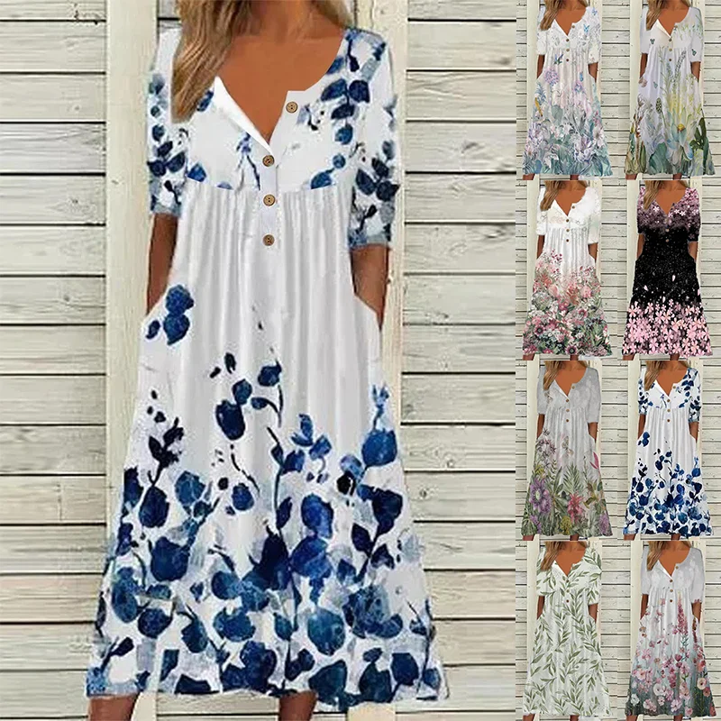 

2022 New Long Dress Women Floral Printed V-neck Button Short Sleeve Boho Maxi Dress Ladies Elegant Pocket Loose Dress Vestidos
