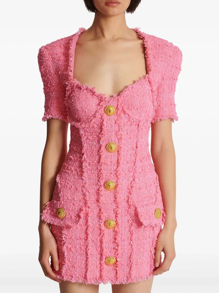 Женское твидовое платье с коротким рукавом квадратным вырезом и пуговицами в