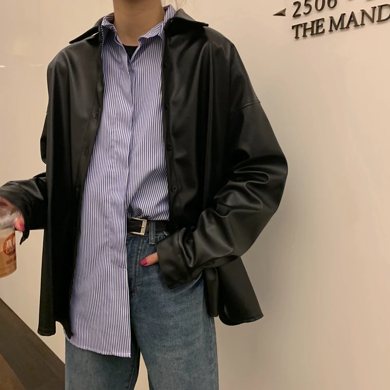 Women Black Faux Leather Basic Coat Turn-down Collar Oversized Motor Trench PU Leather Biker Jacket 2021 Autumn Winter Blouses