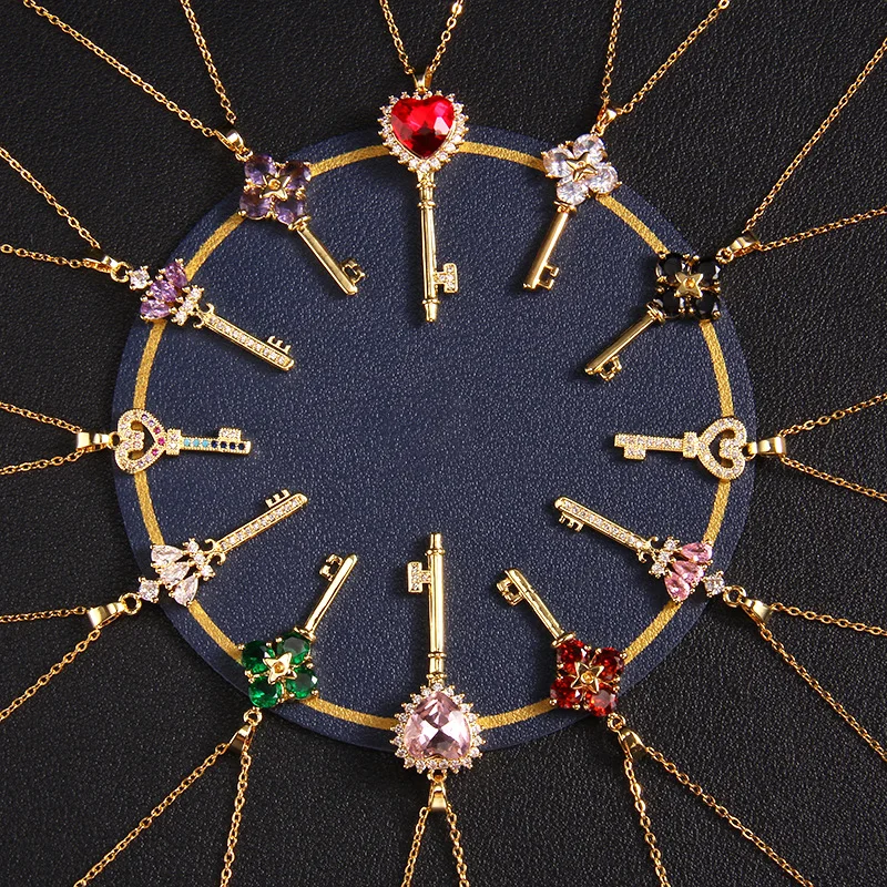 

10pcs/lot Stainless Steel Gold Color Zircon Key Pendant Chain Necklace for Women Fashion Jewelry Gift Wholesale