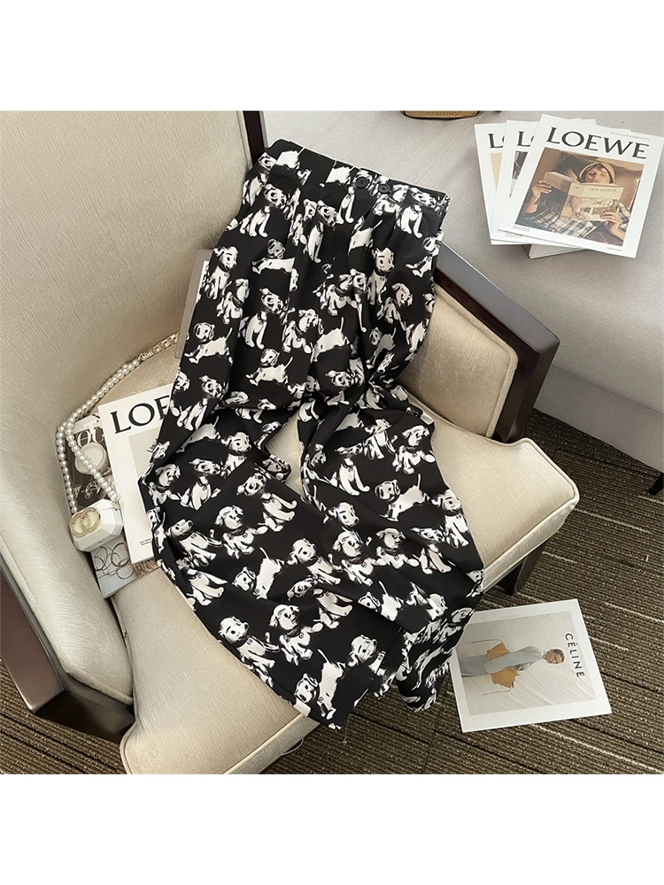 

Широкие женские брюки с мультяшным принтом собаки, эластичные свободные повседневные брюки с высокой талией для женщин, Летние Стильные же...