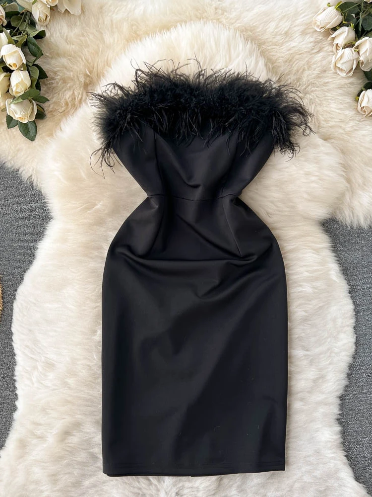

FMFSSOM Spring Women Sexy Straight Neck Feather Slim Wrap Hip Dress Sexy Club Straight Party Mini Dresses Summer New Black