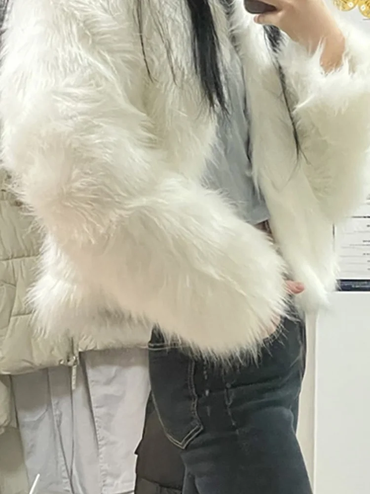 ALLNeon Winter 2022 Vintage 90s Solid Basic Fake Fur Coats Y2K Clubwear Shaggy O-neck Long Sleeve Cropped Jackets Women Cardigan