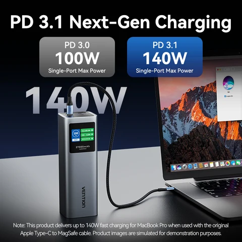 Vention RU 27000 мАч 140 Вт Power Bank PD 3.1 Портативный PowerBank с быстрой зарядкой для ноутбука Xiaomi Macbook Pro TFT Дисплей Аккумулятор
