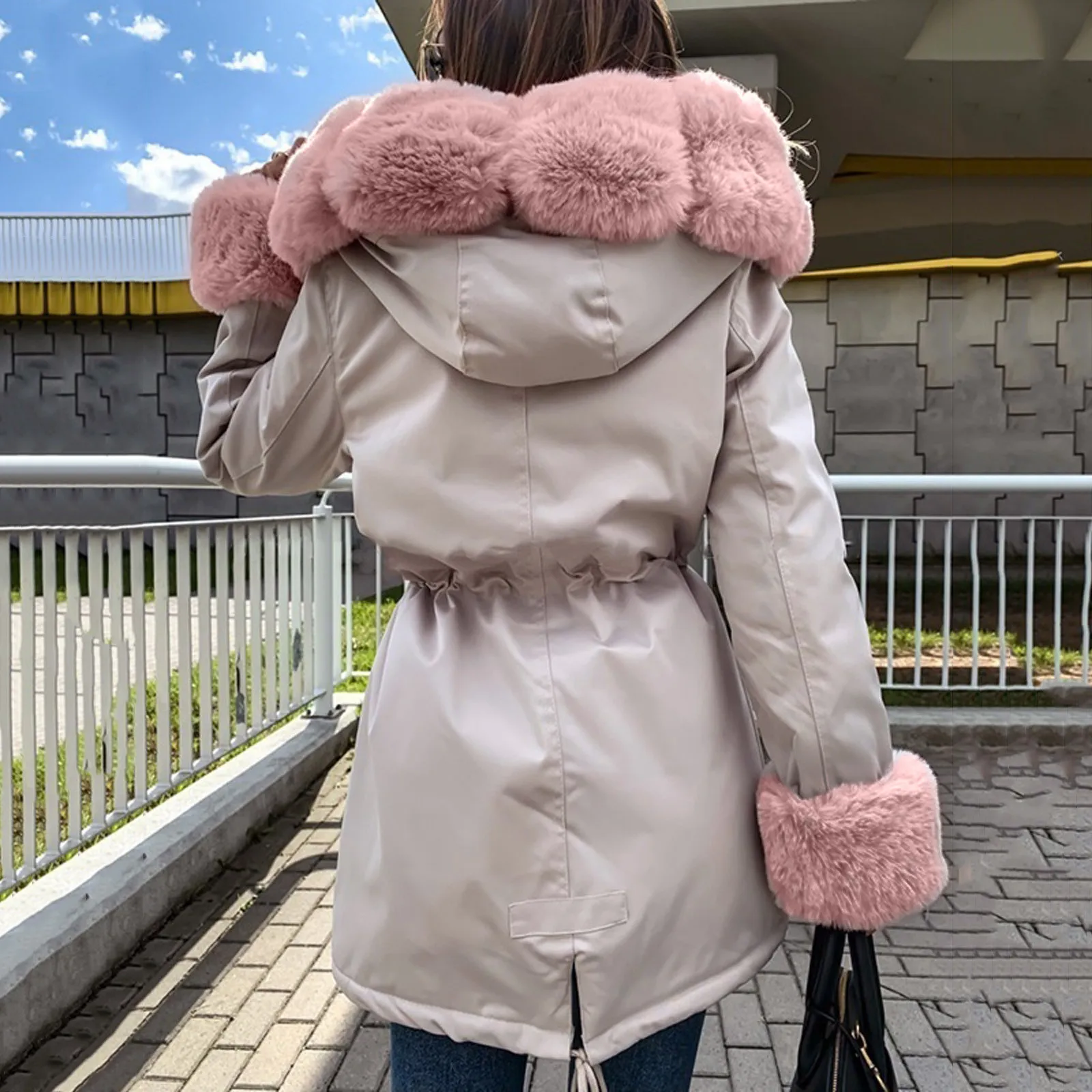 222 warm autumn and winter women's hooded long-sleeved warm cotton clothing solid color jacket with removable fur collar