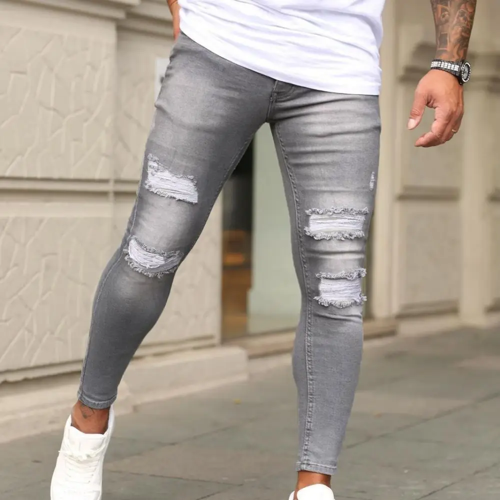 Men's Jeans Embroidered Skinny Ripped Stretch Denim Pants Elastic Waist Patchwork Jogging Trousers Man Clothing