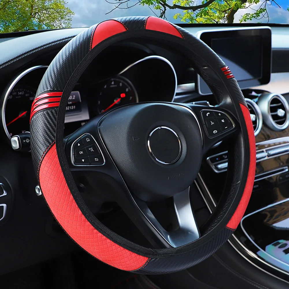 

Cover 1x Steering Wheel Universal 38CM Black Red Carbon Fiber D Shape Easy To Install Eco-friendly Elastic Durable