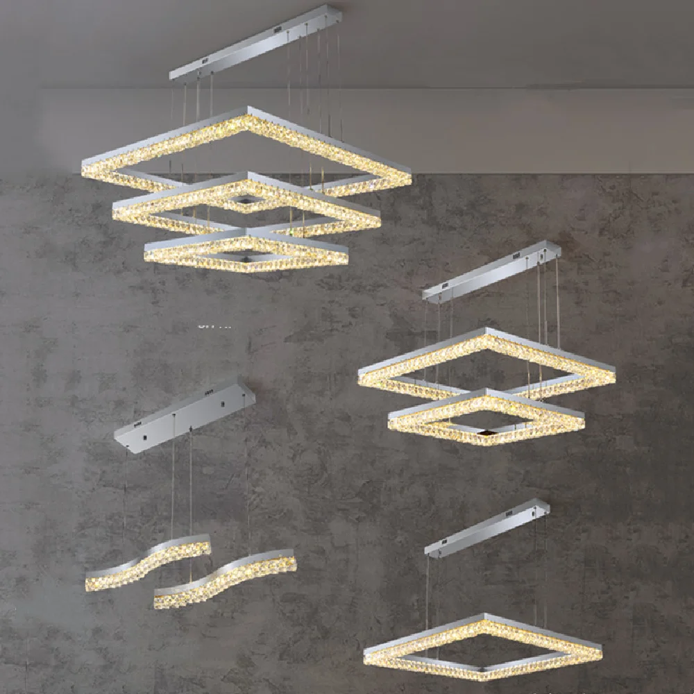 

Living Room Square Chrome Steel Led Pendant Lights Modern Smart Dimmable Hanging Lamp Lustre K9 Crystal Suspend Lamp Fixtures