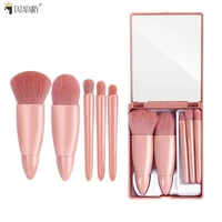 5pcs soft hair makeup brushes set pink travel size short handle make up brush kit powder foundation plastic case with mirror