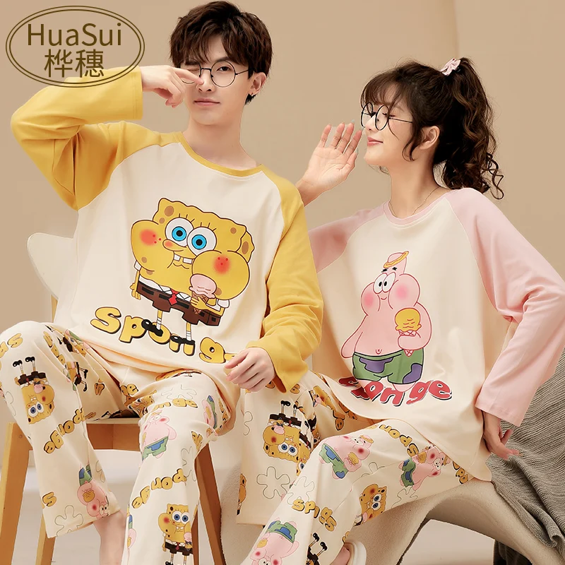 Japan fashion Ins Couple Pajamas Sponge Baby Spring and Autumn Women's Cartoon Long sleeve Trousers Cotton Home Wear Men