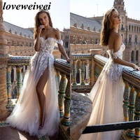 boho tulle a line wedding dresses 2022 off the shoulder lace appliques beach bridal gown sexy high split wedding gowns for bride