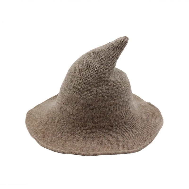 

Autumn Winter Thickened Wool Witch Pointed Hat Foldable Knitted Wizard Cap Wide Brim Bucket Hats Magic Top Hat for Men Women