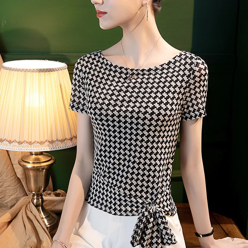 

Short-sleeved T-shirt Women's 2022 Summer New Style Glitter Bright Silk Plaid One-neck Y2k Tops Woman Tshirts