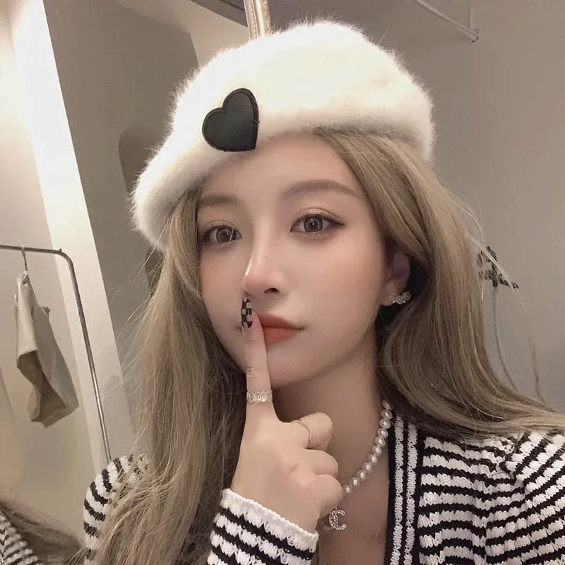 

202208-lulu dropshipping autumn winter rabbit 's hair warm heart Taped lady Pumpkin beret hat women Leisure painter hat