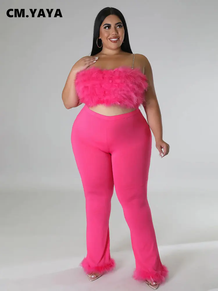 

Женский комплект одежды из двух предметов CM.YAYA, укороченный топ с меховыми перьями и брюки-клеш, изящный тренировочный костюм, уличная одежд...