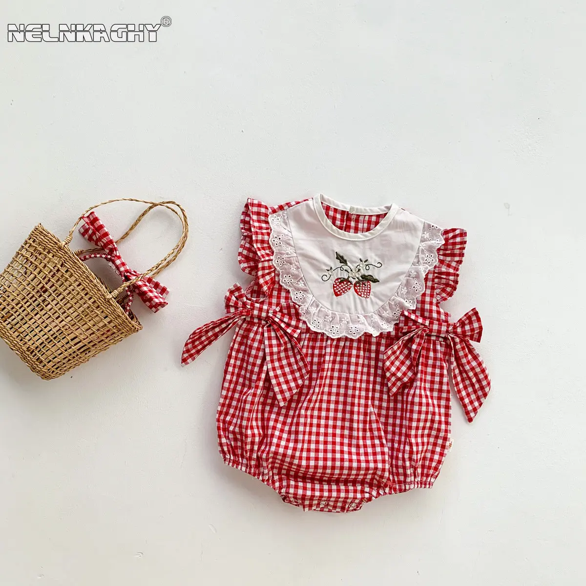 Infant Kids Girls Summer Fly Sleeve Bow Plaid Embroidery Flower Outfits Newborn Baby Clothing Jumpsuits Bodysuits Gift Headbands