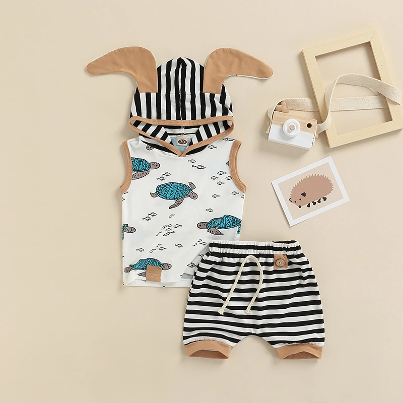 

2 шт., топ с капюшоном и шорты в полоску, без рукавов