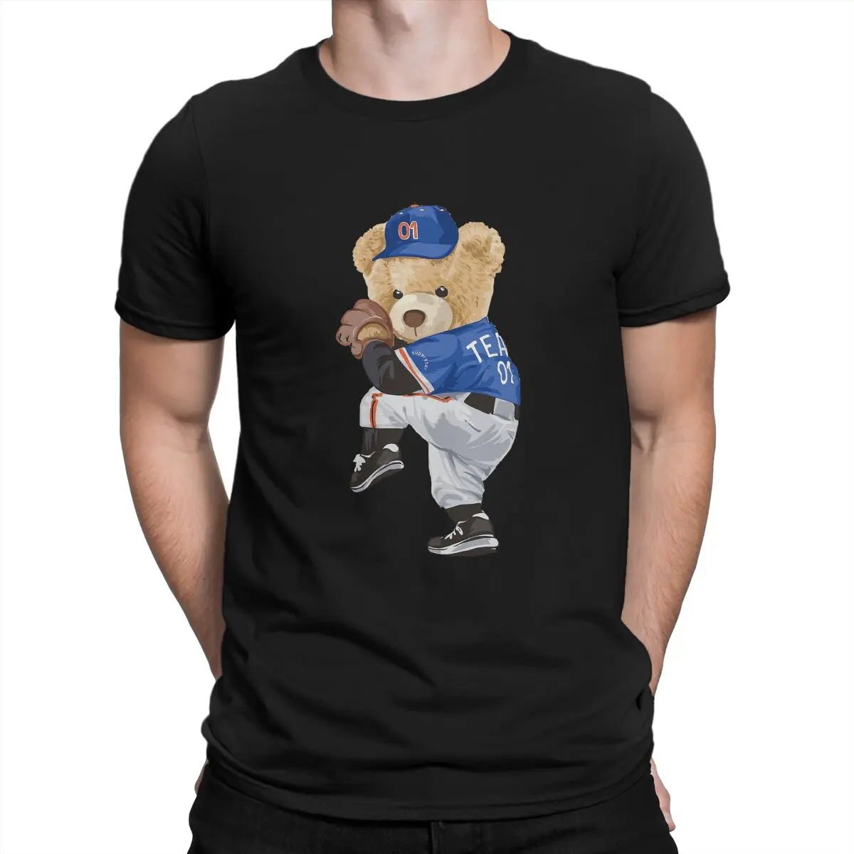 

Teddy Bear Creative TShirt for Men Baseball Pitcher Round Collar Pure Cotton T Shirt Personalize Gift Clothes Streetwear