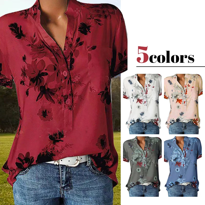 Womens Summer  Floral Button V Neck Shirt Ladies Short Sleeve Tops Aesthetic Loose Blouse Floral Print Vintage Shirts 5XL