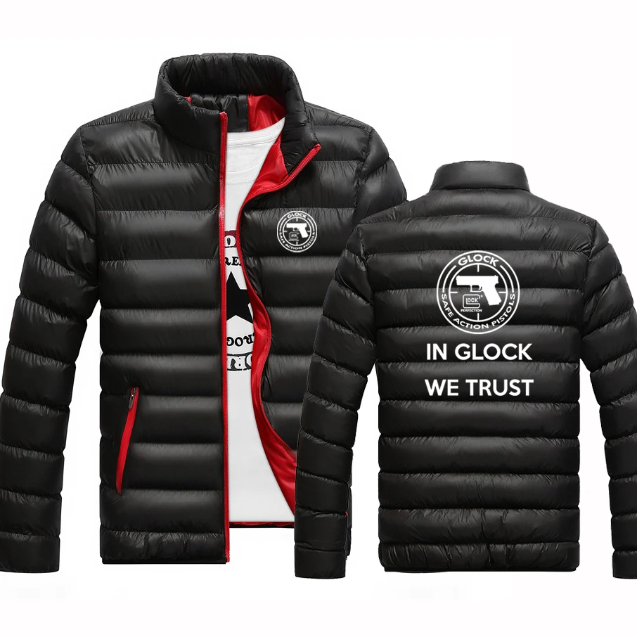 

2022 Glock Handgun USA Logo Men Winter Jacket Stand Collar Solid Color Zipper Cotton Coat Male Slim Fit Outerwear