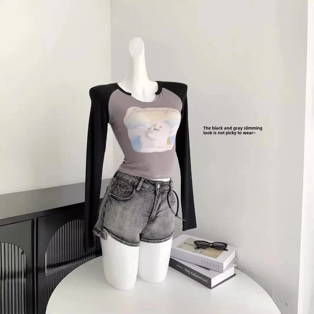 Новинка 2024 женская футболка с длинным рукавом и изображением кота базовый слой