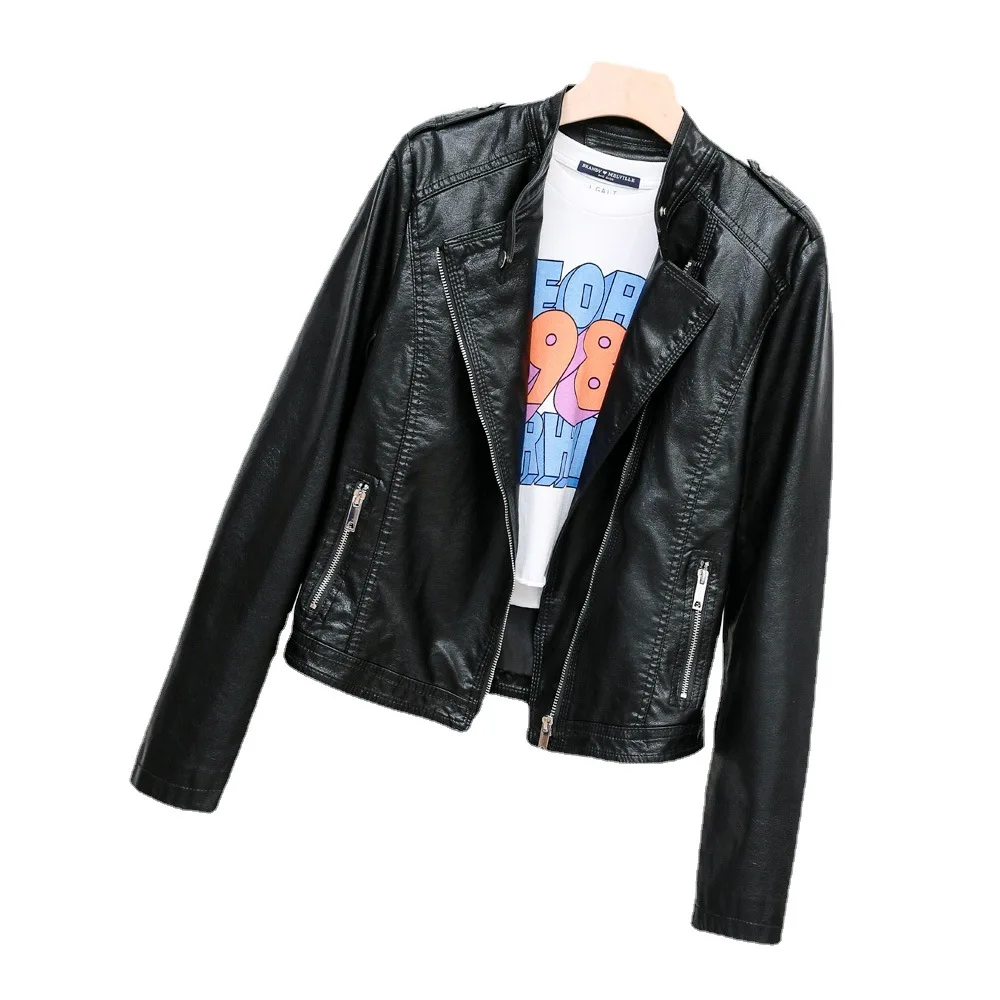 2023 spring new simple stand-up collar motorcycle leather jacket epaulettes zipper leather jacket