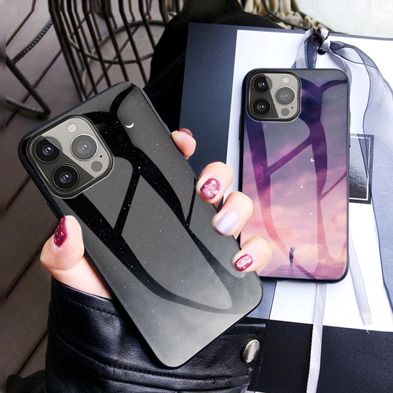 

Gradient Starry sky Glass Phone Case For iPhone 14 13 12 Pro Max 13 12 Mini XR X XS Max 7 8 6 6s Plus SE 5 5S Cover