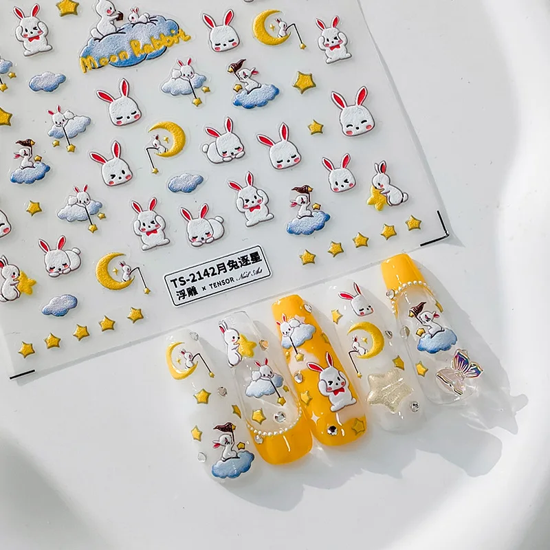 

Korean Cute Kawaii Moon Bunny Nail Art Supplies and Decorations Ultrathin 5D Embossed Stickers for Nails Design Manicure Decals