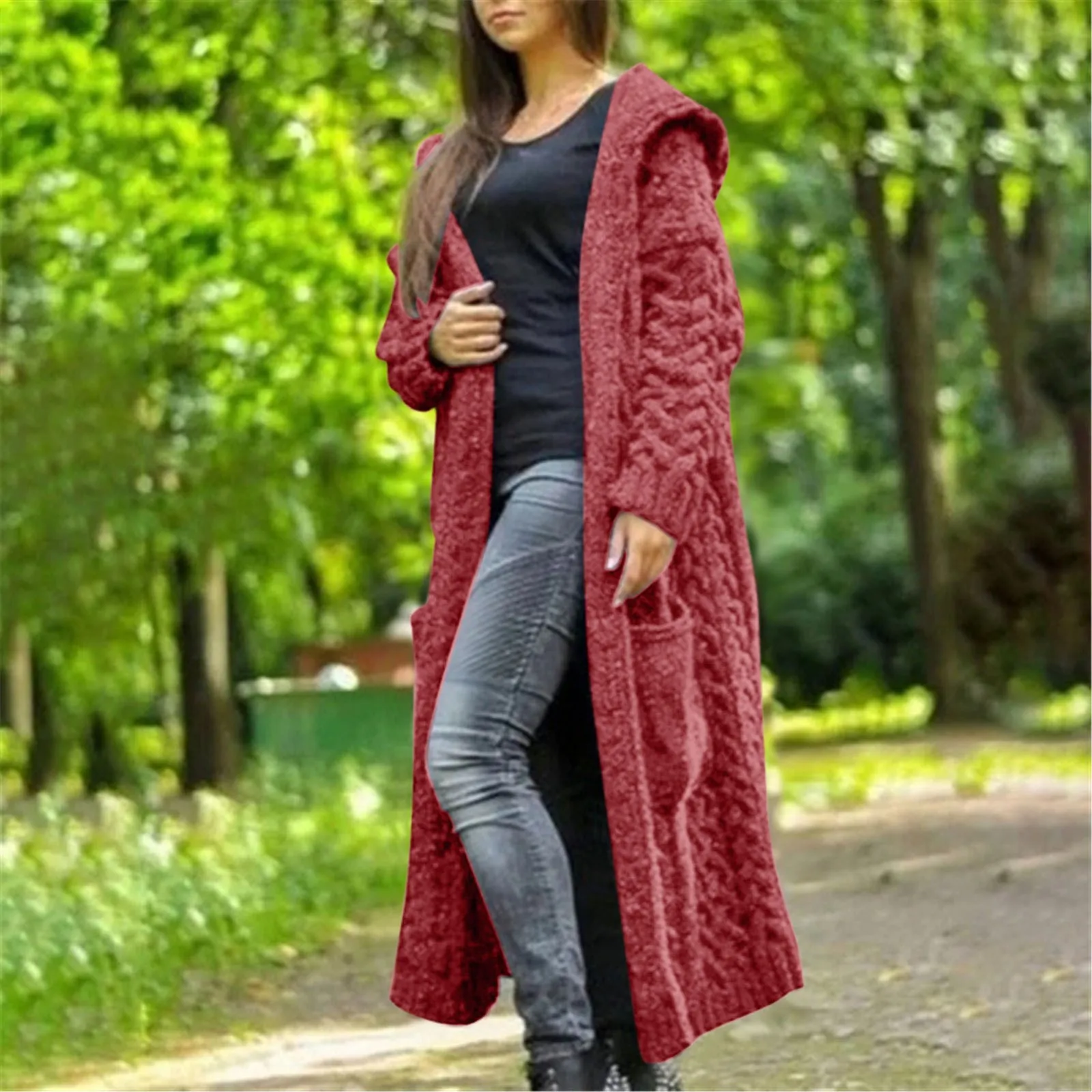 

New Cardigan Fried Dough Twist Plait Lazy Style Hooded Long Sweater Cardigan Autumn And Winter Women's Pocket Clothing