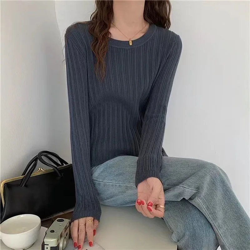 Женский однотонный свитер в корейском стиле с круглым вырезом - Цена: 1904