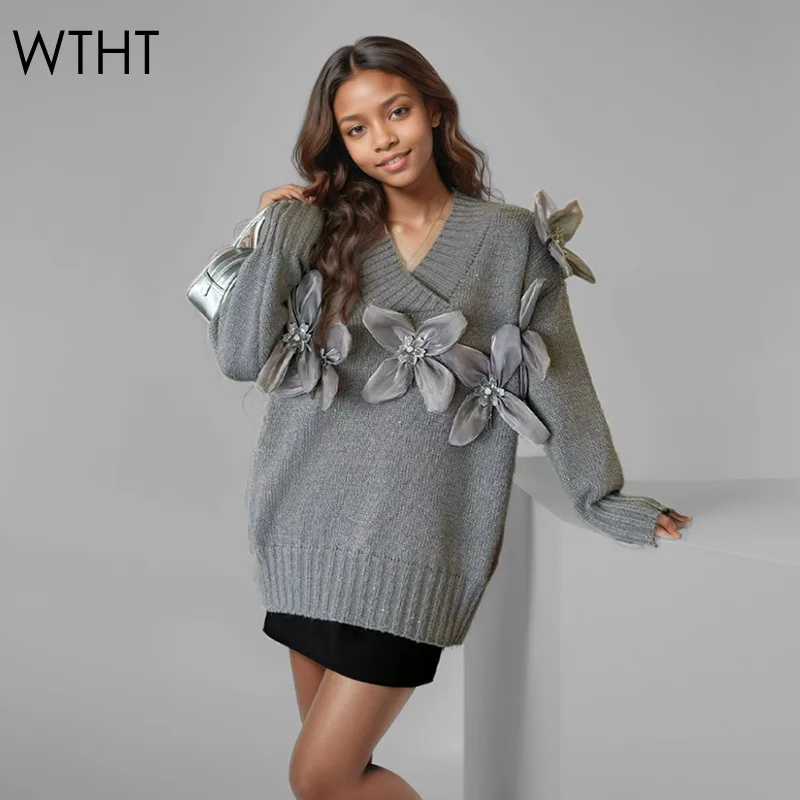 WTHT новый трендовый женский вязаный свитер с v-образным вырезом и жемчужным