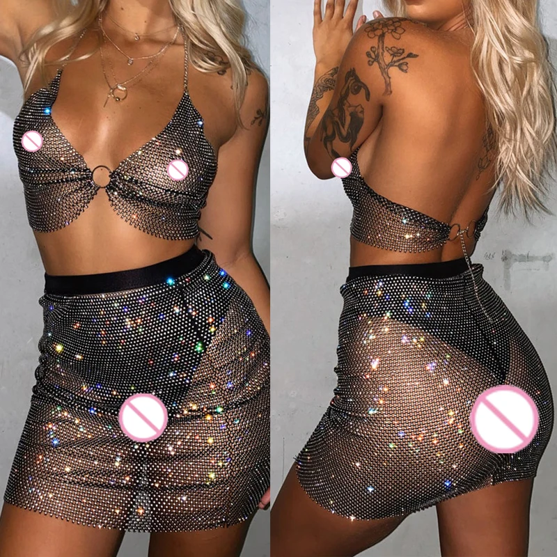 

Women Sensual Shiny Crystal Diamonds Suit See Through Halter Low Cut Sleeveless Crop Tops Rhinestone Sexy Skirts Outfits