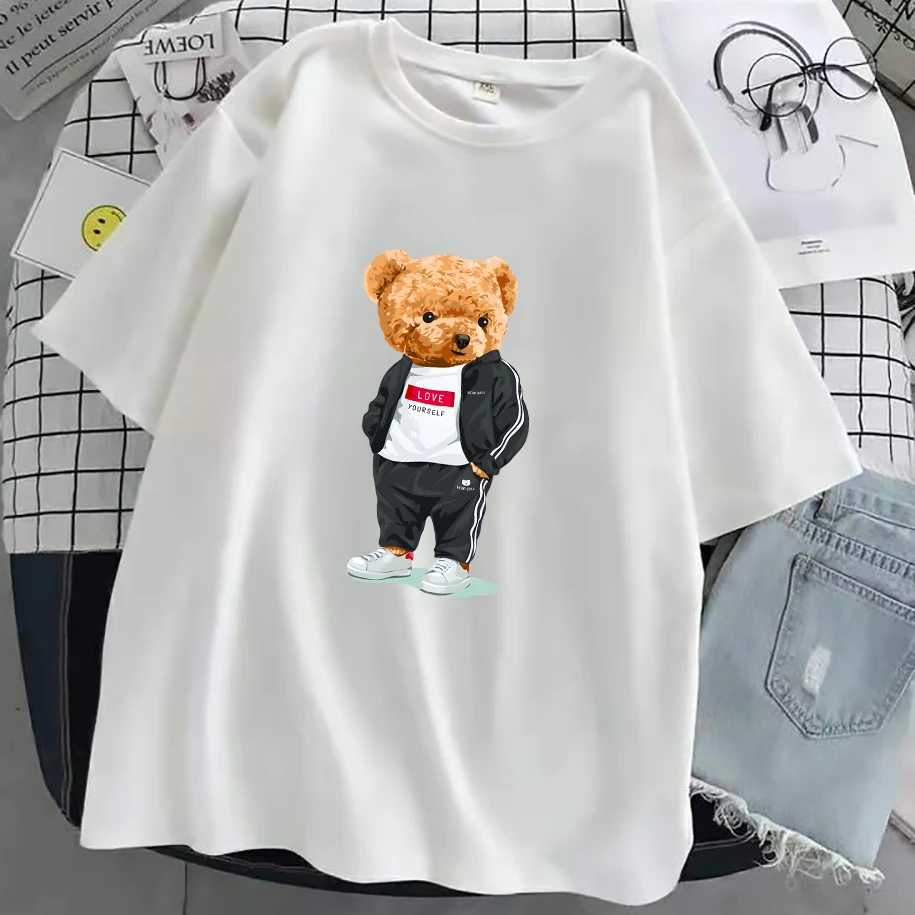 

Women's T-shirt Sport Bear Print T-shirts Men Summer Casual White Tops 90's Girls Boys Short Sleeve Oversized Tshirt Unisex Tees