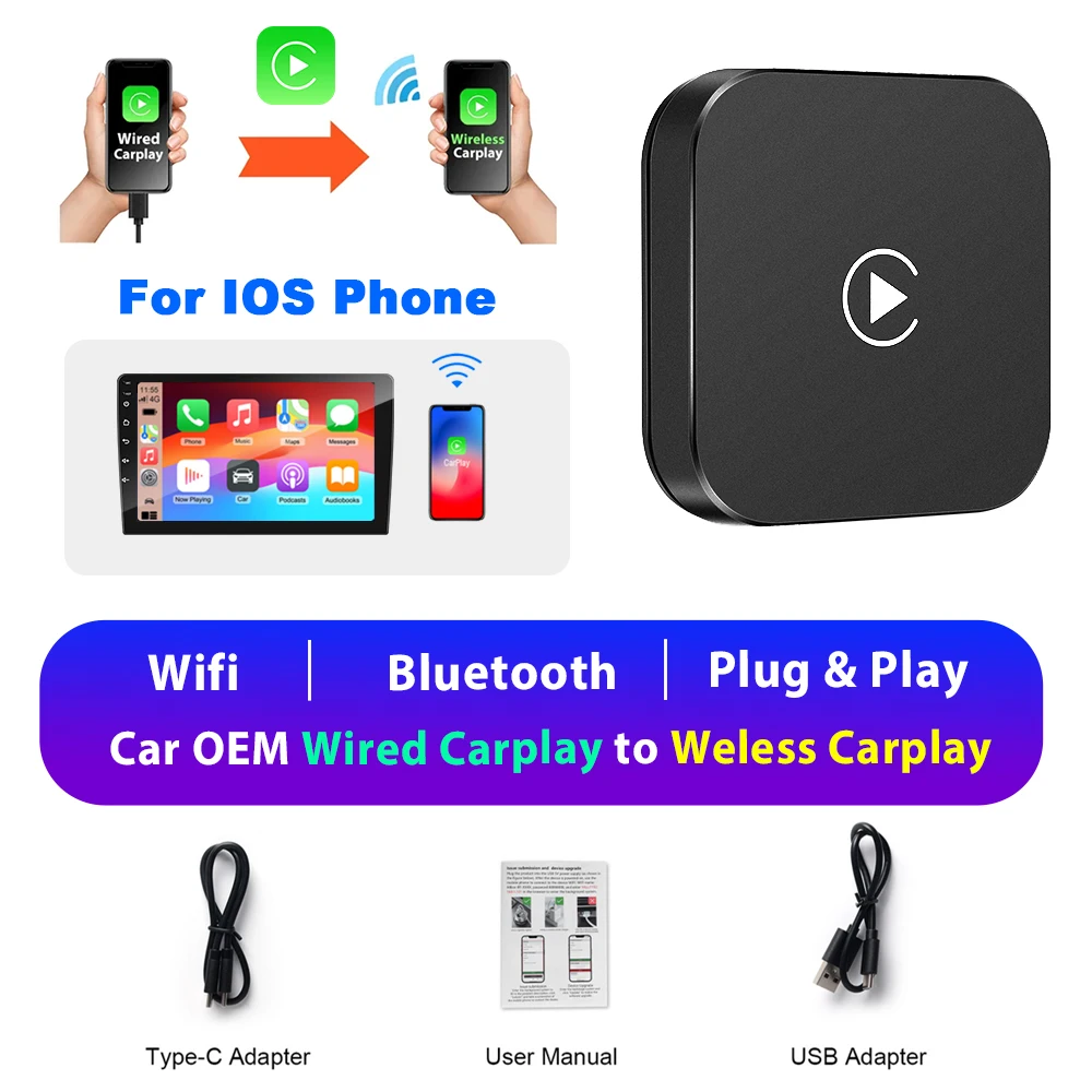 

Автомобильная Беспроводная потоковая коробка Podofo Carplay Ai для VW Audi Toyota Honda, сильный Wi-Fi Bluetooth голосовой помощник