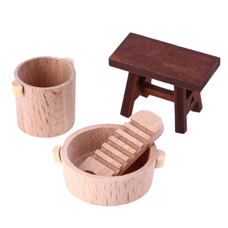 

1:12 миниатюрная деревянная мебель для кукольного домика, табурет, доска для стирки, ведро для ног для украшения кукольного домика, детская иг...