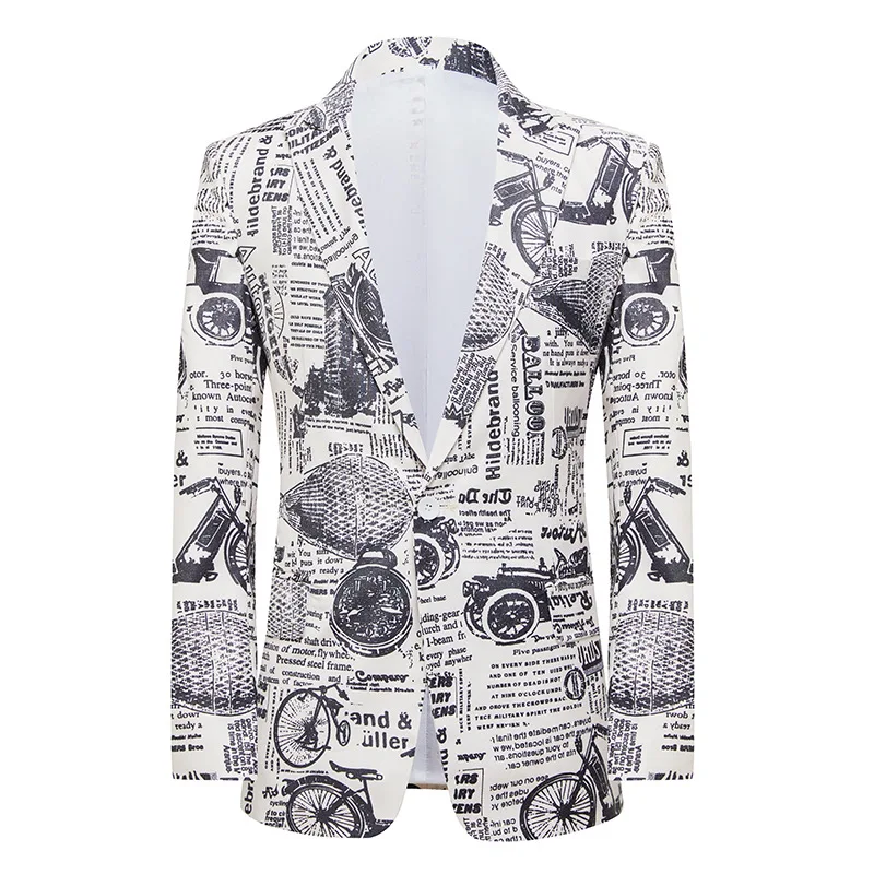 Мужской облегающий пиджак HOO 2023 с принтом газеты блейзеры для певицы танца