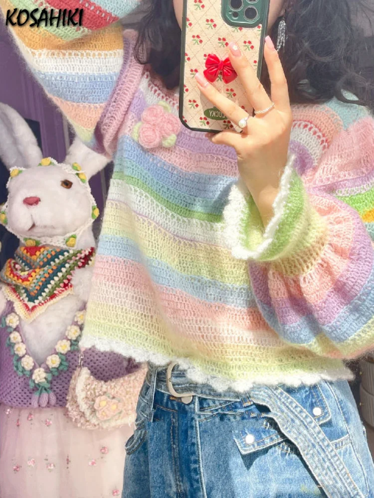 

2023 Y2k эстетические винтажные женские свитера с круглым вырезом, гранж, свободные Базовые Женские свитера, японские вязаные радужные полоски, топы в стиле Харадзюку