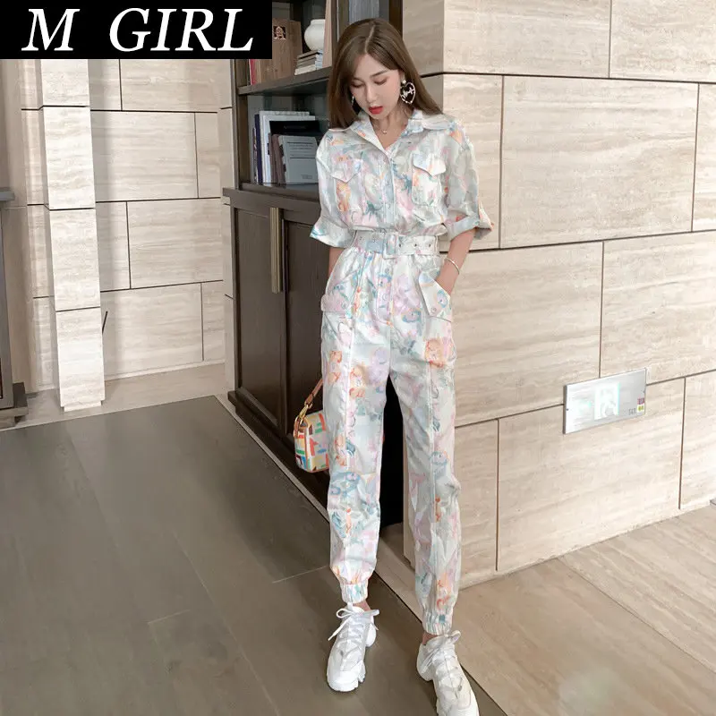 M GIRLS new fashion korean spring women streetwear OL temperament casual print tooling style loose sportwear slim long jumpsuit