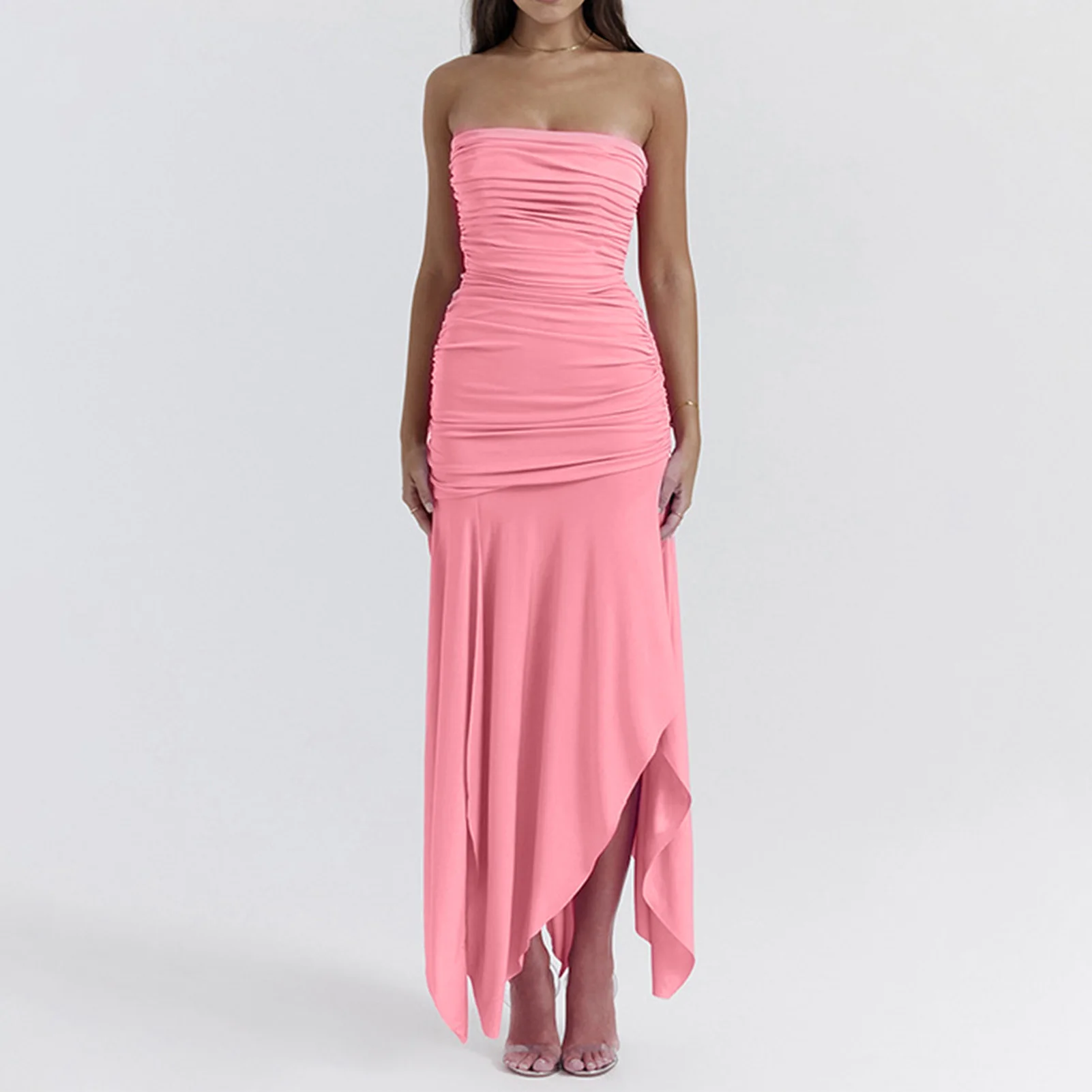 

Ladies Strapless Long Dress Slim Fit Women Bodycon Maxi Dress Backless Sexy Style Side Slit Asymmetrical Vacation Outfit