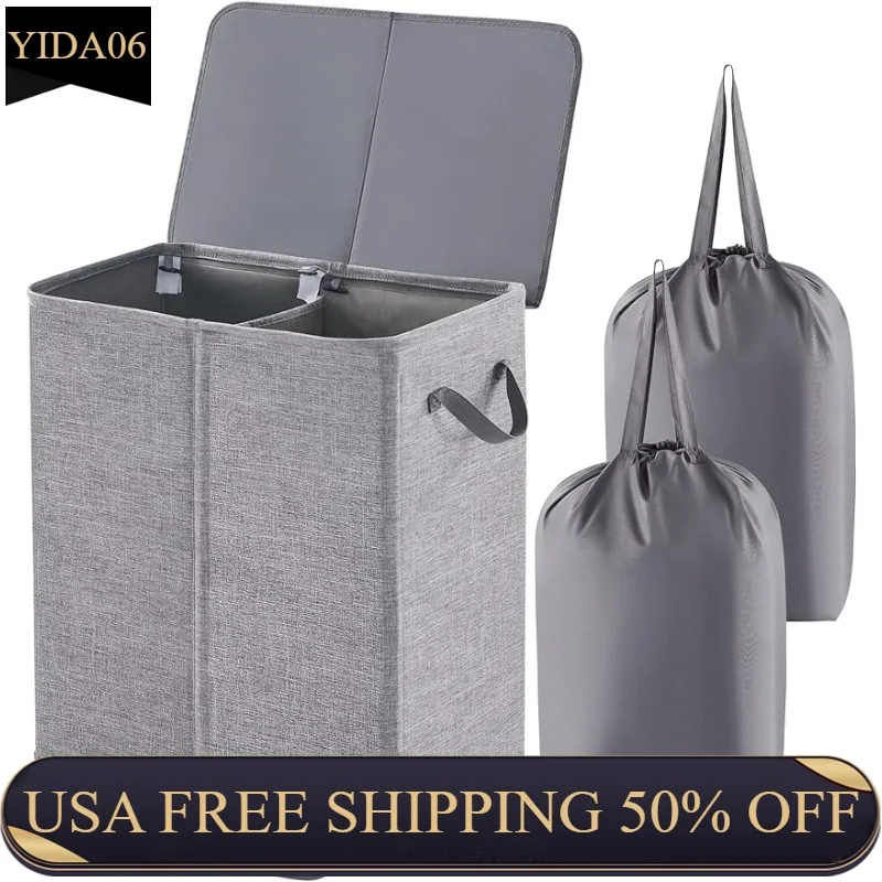 

Double Laundry Hamper with Lid and Removable Laundry Bags, Large Collapsible 2 Dividers Dirty Clothes Basket with Handles