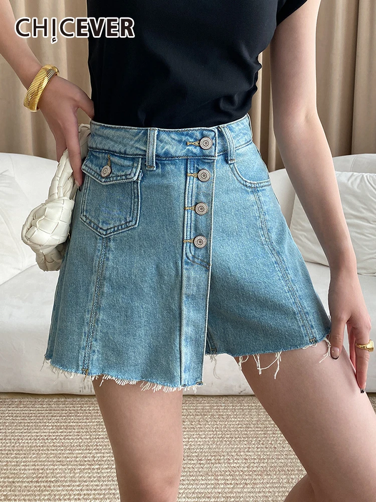 

CHICEVER Denim Patchwork Shorts For Women High Waist Spliced Pockets Single Breasted Raw Hem Solid Slim Short Pant Female Summer