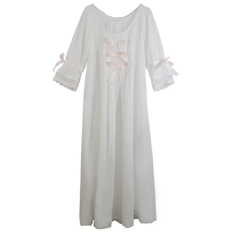 Spring Womens Nightdress Cotton Bow 3/4 Sleeve Sleepshirt Lace Thin Nightgown Loose Comfy Casual Breathable Sleepdress Plus Size