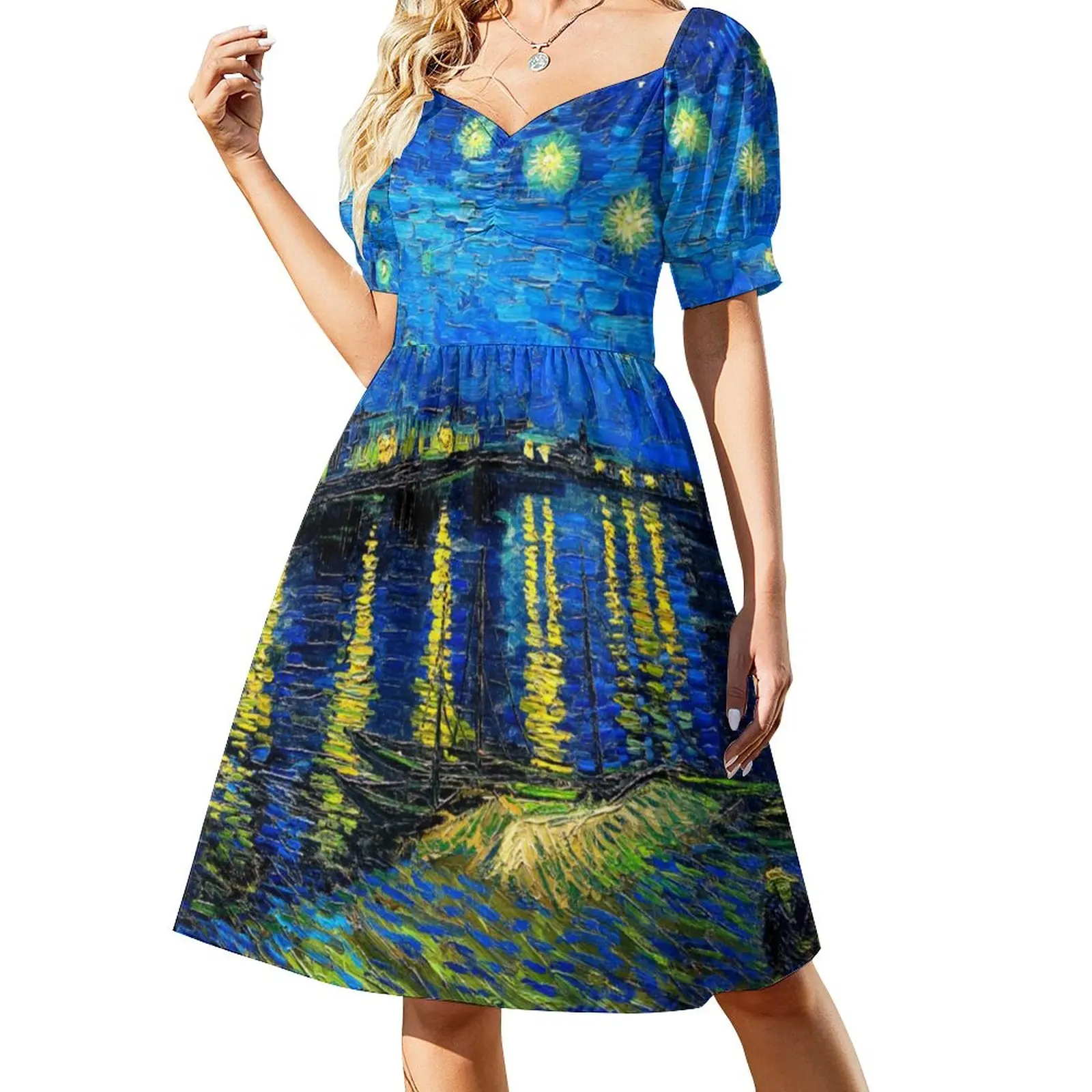 Van Gogh Casual Dress Starry Night Over The Rhone Street Wear Dresses Sexy V Neck Elegant Pattern Dress Big Size