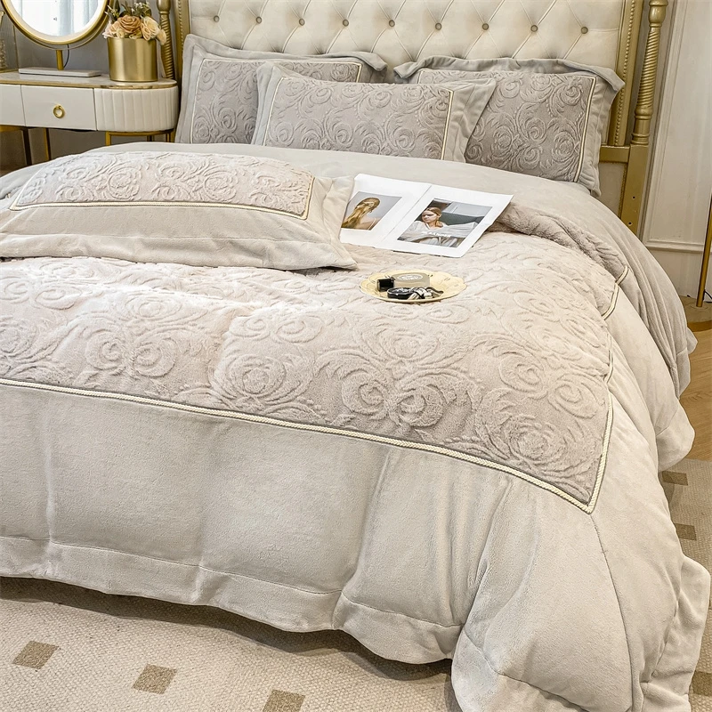 

Angora rabbit velvet carved with flower milk velvet Beddingset DuvetCover Bedsheet Set pillowcase bed linen for adult