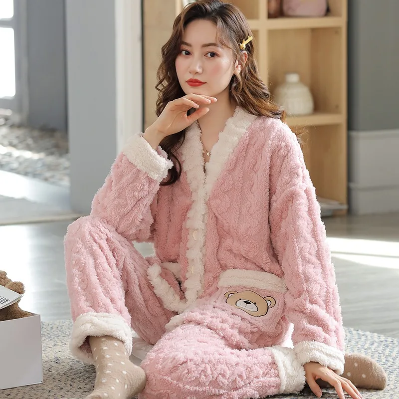 Комплект из двух предметов для женщин Фланелевая пижама осень и зима штаны с