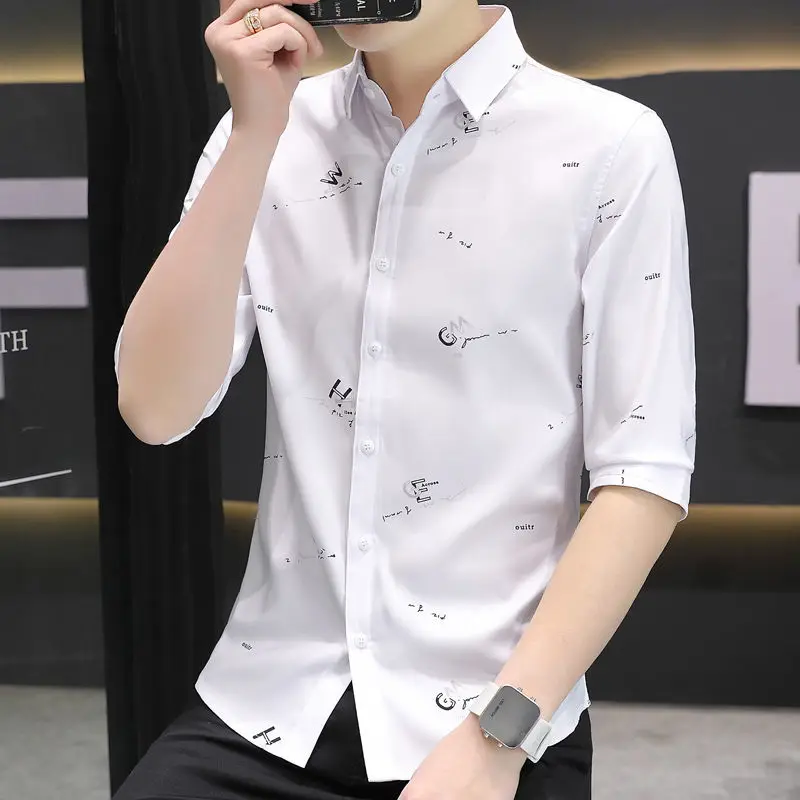 Ice silk short-sleeved men's shirt 2022 new trend three-quarter sleeve handsome and versatile business casual men's shirt top