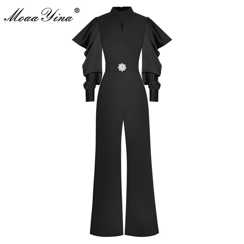 MoaaYina Designer Spring Jumpsuits Women Stand Neck Ruffles Long Sleeve Belted Office Lady Black Pants Rompers