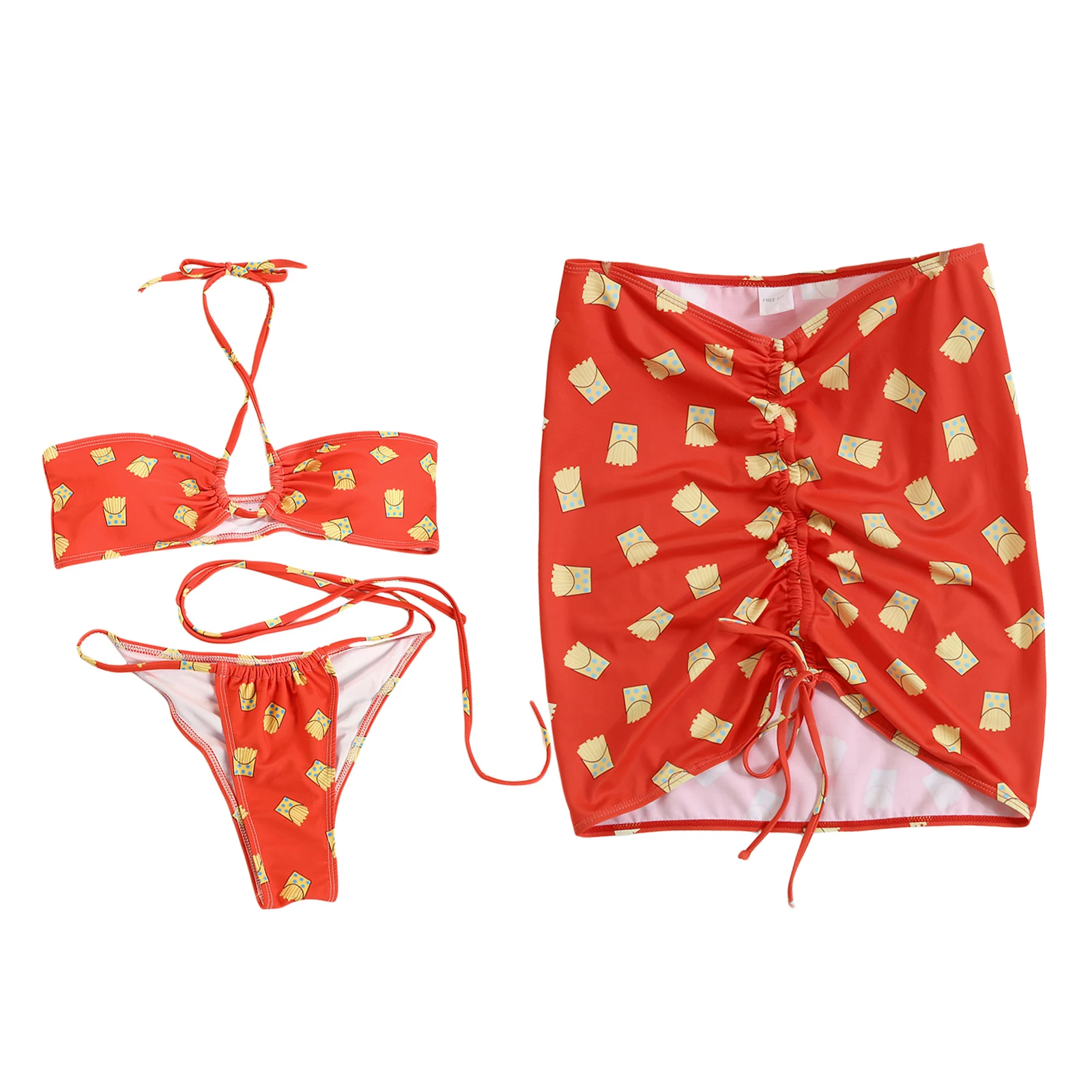 Женский летний комплект бикини из 3 предметов с принтом в виде картошки