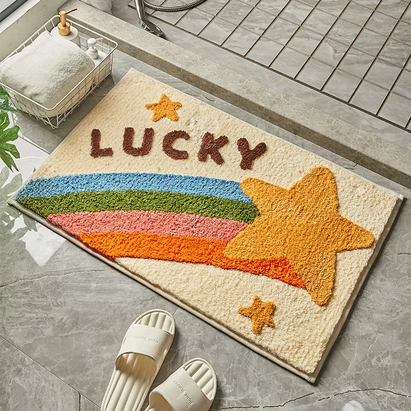 

Rainbow Rug Flower Rug Cartoon Bathroom Non-slip Mat Star Planet Carpet Flocking Household Absorbent Floor Mat Bedroom Door Mat